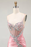 Blush Mermaid Corset Sequin Long Prom Dress with Ruffled Slit