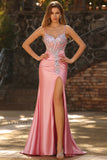 Blush Mermaid Corset Sequin Long Prom Dress with Ruffled Slit