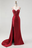 Burgundy Corset Mermaid Long Prom Dress with Beading
