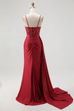 Burgundy Corset Mermaid Long Prom Dress with Beading