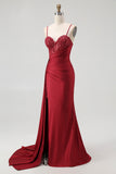 Burgundy Corset Mermaid Long Prom Dress with Beading