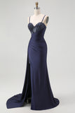 Burgundy Corset Mermaid Long Prom Dress with Beading