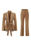 Black Leopard print Slim Fit 2-piece Women Suits