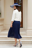 2 Piece Chiffon Midi Navy Mother of the Bride Dress with 3/4 Sleeves