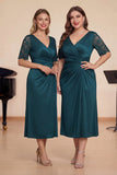 Sheath Pine Ruched Satin Short Sleeves Midi Choir Dress with Lace