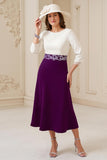 Navy A Line Bateau neck 3/4 Sleeve Midi Wedding Guest Dress with Appliques