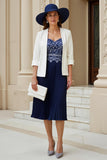 Navy Sweetheart A Line 2 Piece Midi Wedding Guest Dress with Lace