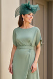 Eucalyptus Chiffon Bateau Neck Tea Length Wedding Guest Dress