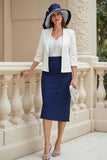 Navy Sheath 2 Piece Stretch Satin Wedding Guest Dress