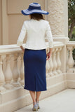 Navy Sheath 2 Piece Stretch Satin Wedding Guest Dress