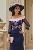 Off the Shoulder Chiffon Sheath Navy Wedding Guest Dress