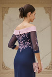 Off the Shoulder Chiffon Sheath Navy Wedding Guest Dress