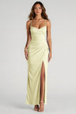 Light Blue Spaghetti Straps Sheath Ruched Long Bridesmaid Dress