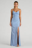 Light Blue Spaghetti Straps Satin Ruched Sheath Long Bridesmaid Dress