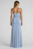Light Blue Spaghetti Straps Satin Ruched Sheath Long Bridesmaid Dress