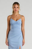 Light Blue Spaghetti Straps Satin Ruched Sheath Long Bridesmaid Dress