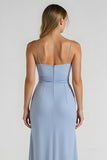 Light Blue Spaghetti Straps Satin Ruched Sheath Long Bridesmaid Dress
