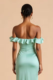 Mint Green Off the Shoulder Satin Sheath Long Bridesmaid Dress