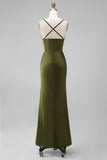 Mermaid Olive Satin Spaghetti Straps Ruched Long Bridesmaid Dress