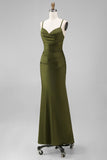 Mermaid Olive Satin Spaghetti Straps Ruched Long Bridesmaid Dress