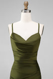 Mermaid Olive Satin Spaghetti Straps Ruched Long Bridesmaid Dress