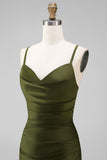 Mermaid Olive Satin Spaghetti Straps Ruched Long Bridesmaid Dress