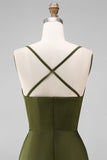 Mermaid Olive Satin Spaghetti Straps Ruched Long Bridesmaid Dress