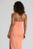 Sunset Spaghetti Straps Ruched Sheath Long Bridesmaid Dress with Slit