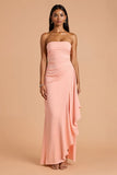 Blush Sheath Strapless Ruffled Long Bridesmaid Dress with Slit