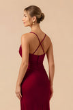 Burgundy Sheath Sapghetti Straps Long Bridesmaid Dress with Slit