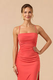 Burgundy Sheath Sapghetti Straps Long Bridesmaid Dress with Slit