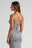 Steel Grey Mermaid Ruched Spaghetti Straps Long Bridesmaid Dress