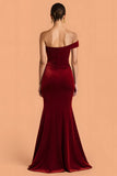 Burgundy Mermaid One Shoulder Velvet Ruched Long Bridesmaid Dress