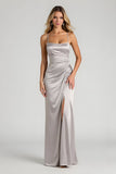 Silver Sheath Ruched Spaghetti Straps Long Bridesmaid Dress with Slit