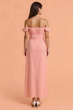 Blush Sheath Off the Shoulder Long Bridesmaid Dress with Slit