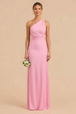 Candy Pink Sheath One Shoulder Long Bridesmaid Dress