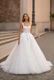 Ivory A Line Square Neck Corset Tulle Court Train Wedding Dress With Lace
