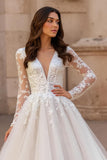 Ivory A-Line V-Neck Long Sleeves Court Train Wedding Dress With Lace