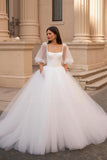Ivory A Line Square Neck Half Sleeve Tulle Court Train Wedding Dress
