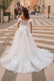 Off The Shoulder Ivory Tulle A Line Appliqued Long Wedding Dress