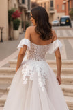 Off The Shoulder Ivory Tulle A Line Appliqued Long Wedding Dress