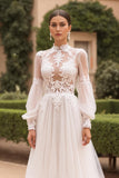 High Neck A Line Tulle Ivory Lace Wedding Dress With Puff Sleeves