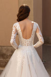 V Neck Lace Ivory Tulle A Line Long Wedding Dress With Long Sleeves