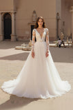 Ivory Tulle A Line V Neck Lace Long Wedding Dress With Long Sleeves