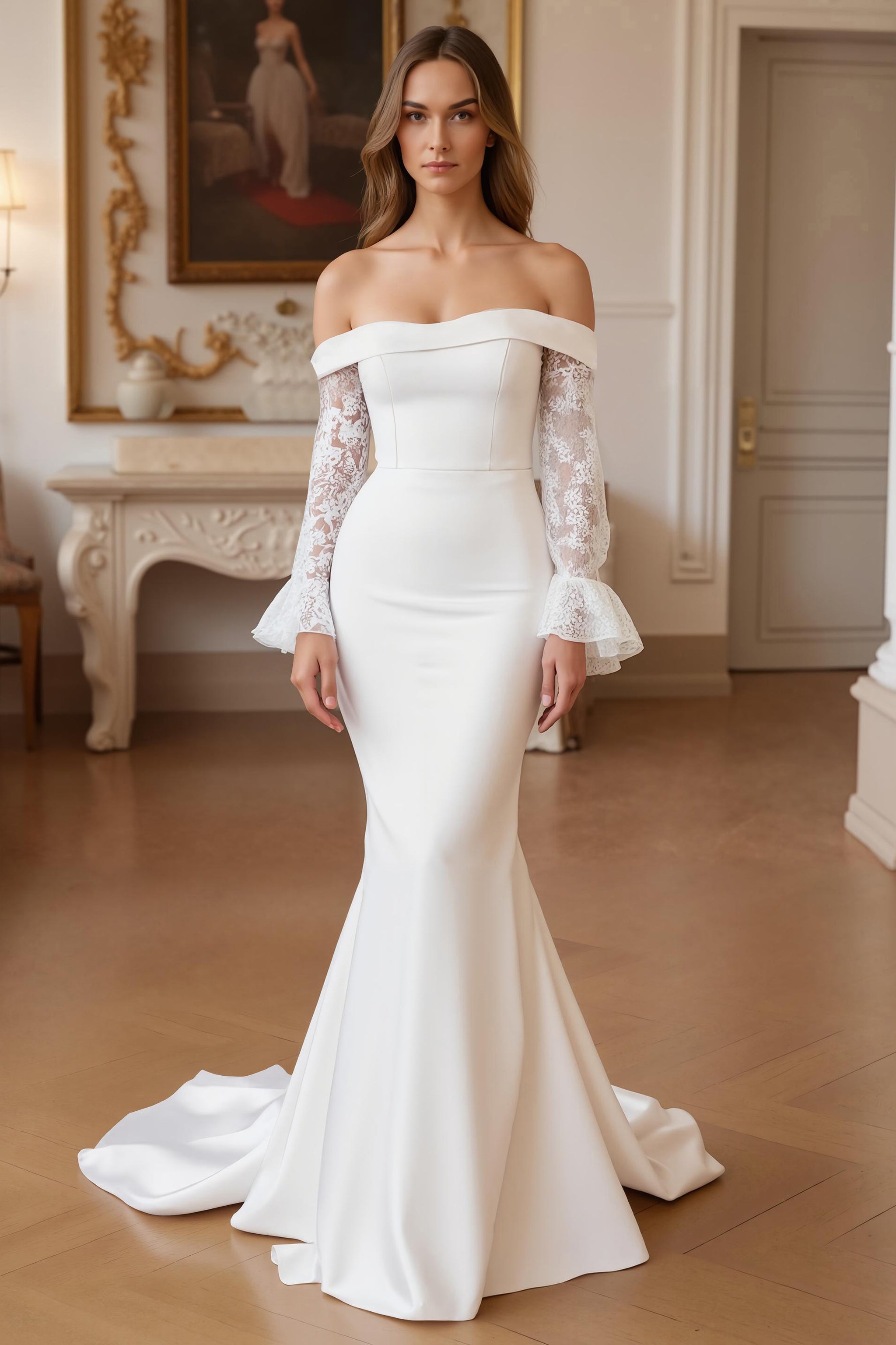 ZAPAKA Women Stretch Satin Wedding Dress Ivory Mermaid Off The Shoulder Long Bridal Dress, Ivory / US22W ZAPAKA Women Stretch Satin Wedding Dress Ivory Mermaid Off The Shoulder Long Bridal Dress, Ivory / US22W