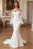 Stretch Satin Ivory Mermaid Off The Shoulder Wedding Dress
