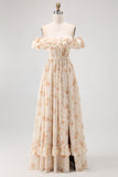 Off The Shoulder Pink Floral A Line Long Bridesmaid Dress with Slit