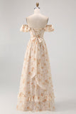 Off The Shoulder Pink Floral A Line Long Bridesmaid Dress with Slit