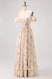 Off The Shoulder Pink Floral A Line Long Bridesmaid Dress with Slit