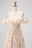Off The Shoulder Pink Floral A Line Long Bridesmaid Dress with Slit